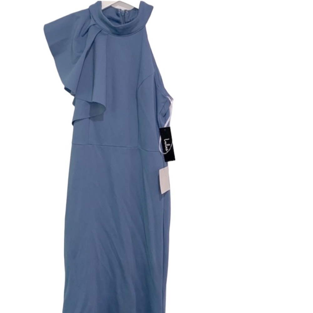 Lulu's Dusty Blue One-Shoulder Ruffle Prom Dress